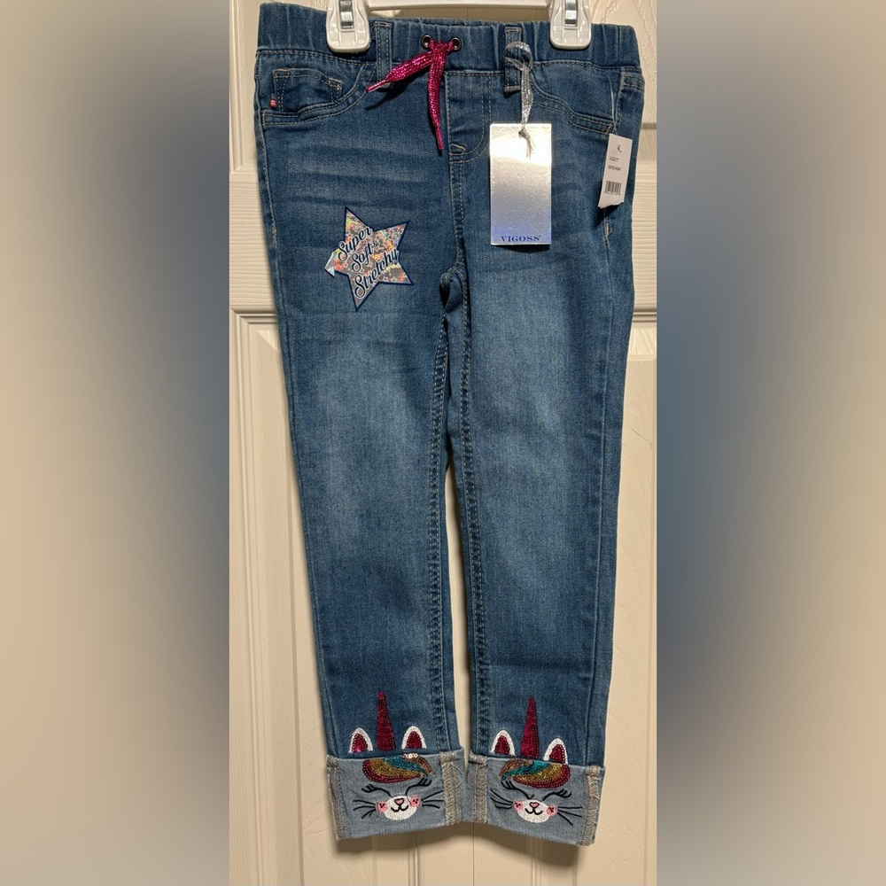 NWT Vigoss Girls Sequin Unicorn Cuff Skinny Super Stretch Jeans - Picture 1 of 8